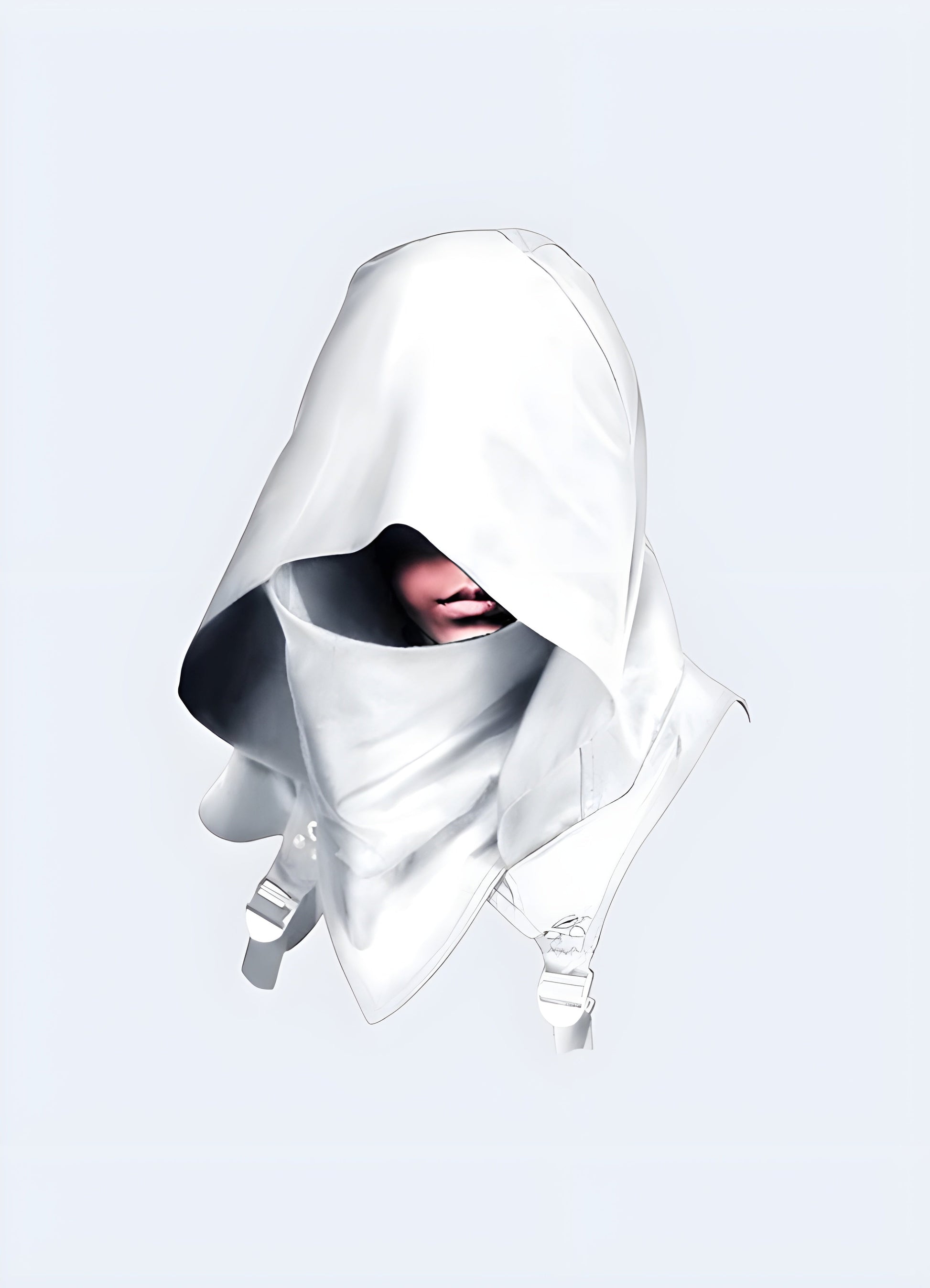 A white techwear scarf with a hood, offering a clean and modern look for techwear enthusiasts in the Canada.