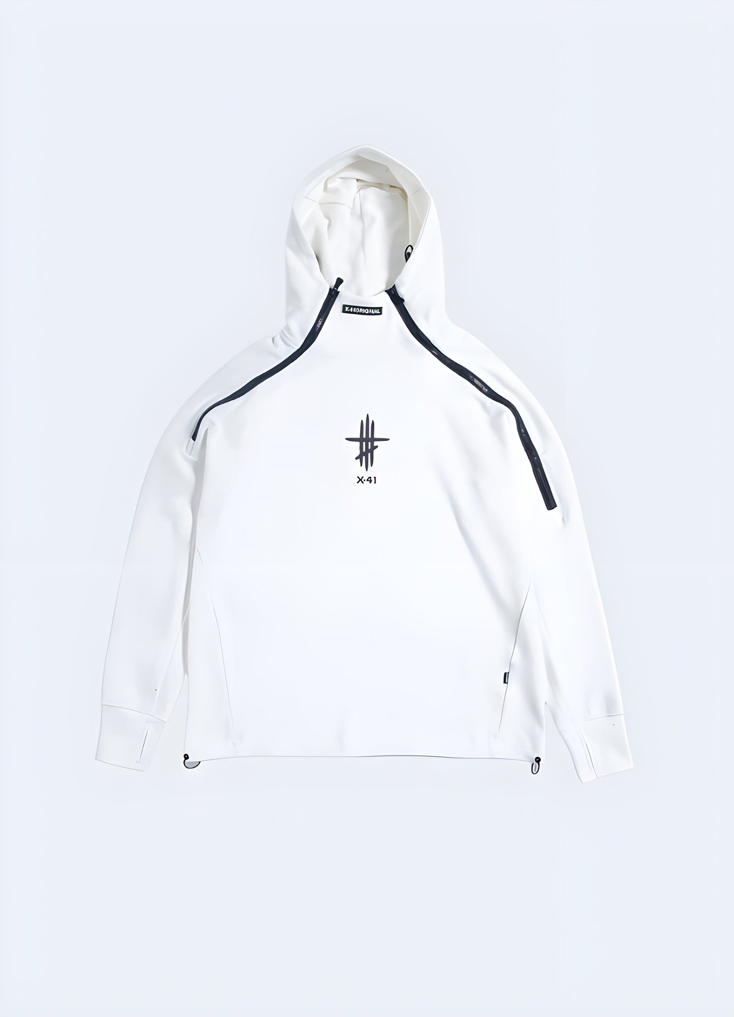 White front view of the techwear shell hoodie with shoulder zip-up in Canada, emphasizing its clean and minimalist design perfect for streetwear.