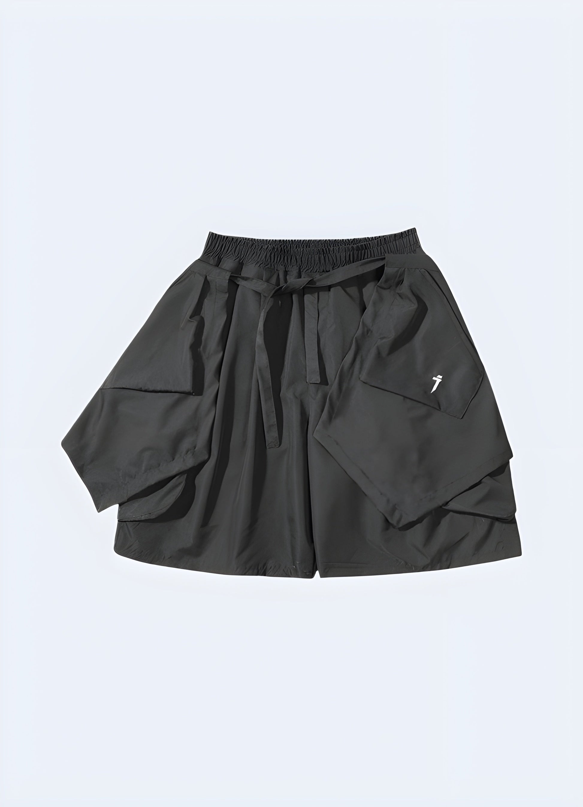 Front view of grey samurai shorts, featuring a striking design and modern interpretation of traditional Japanese style, suitable for the streetwear enthusiast Canada.