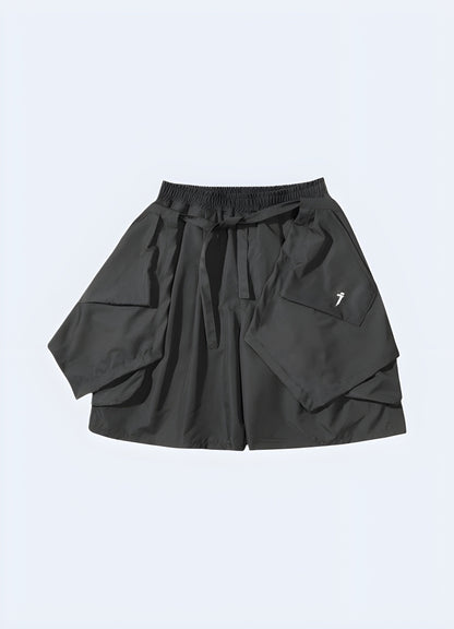 Front view of grey samurai shorts, featuring a striking design and modern interpretation of traditional Japanese style, suitable for the streetwear enthusiast Canada.