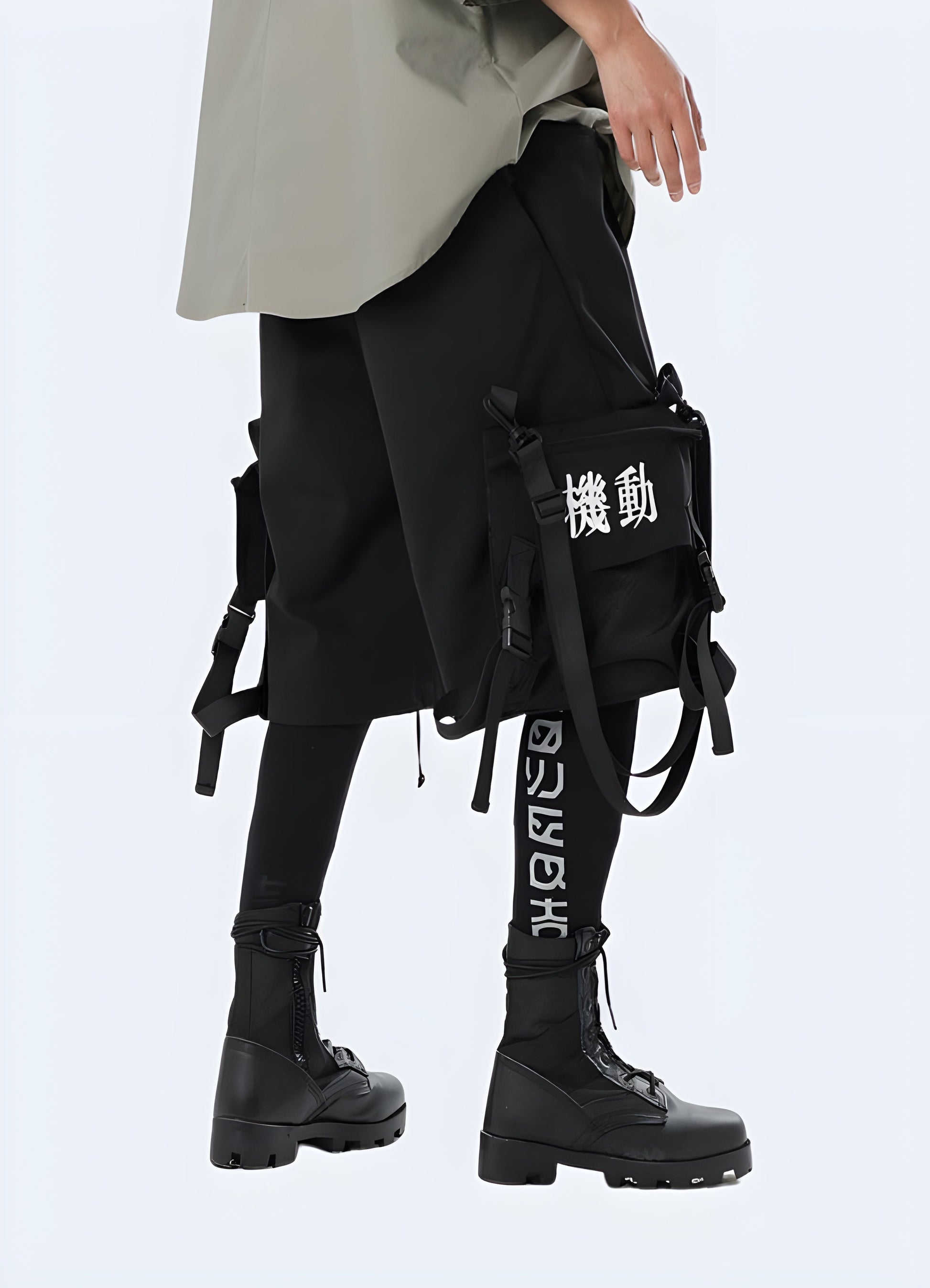 Right view of black techwear shorts with detachable cargo pockets kanj, highlighting the durable construction and functional features, suitable for various activities in the Canad.