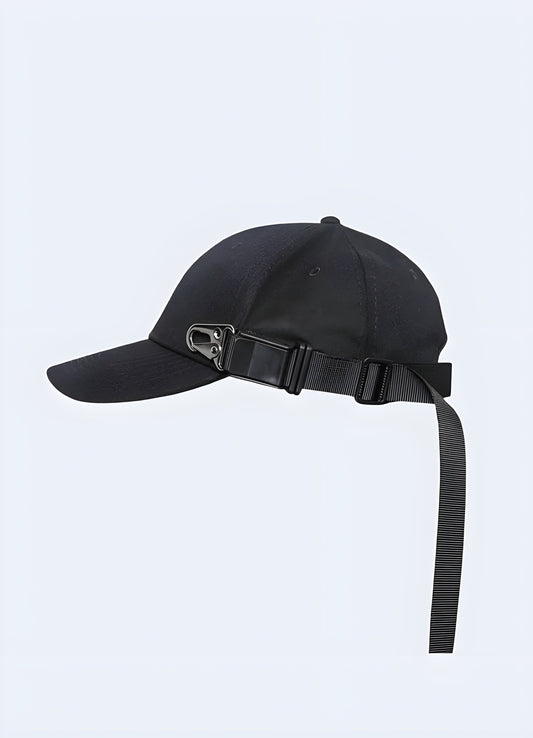 Close-up of a techwear side bucklecap showcasing its sleek design, popular in the Canada. Ideal for urban and outdoor activities.