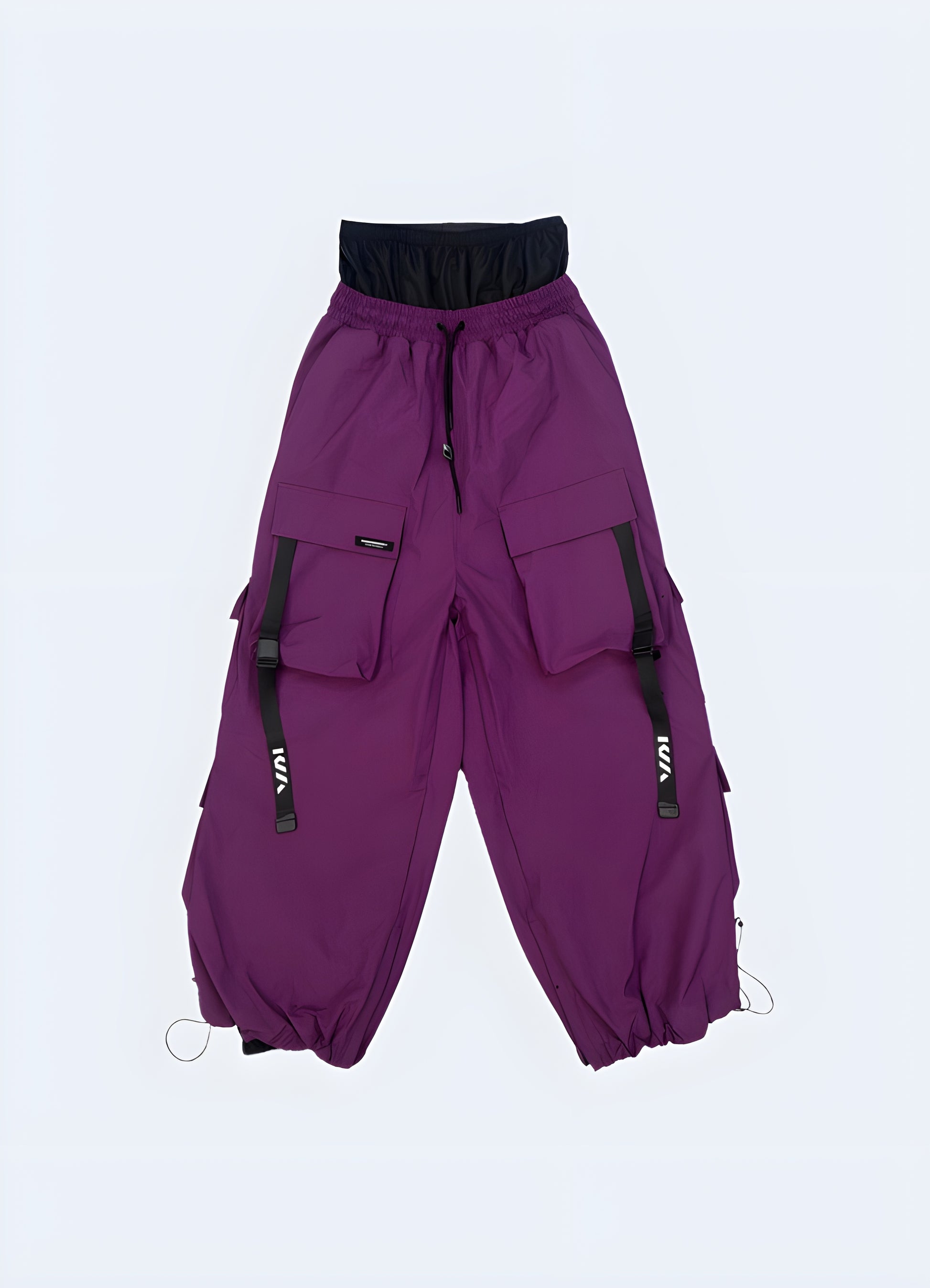 Techwear ski pants in striking violet, front view, designed for both fashion and functionality, available in Canada.