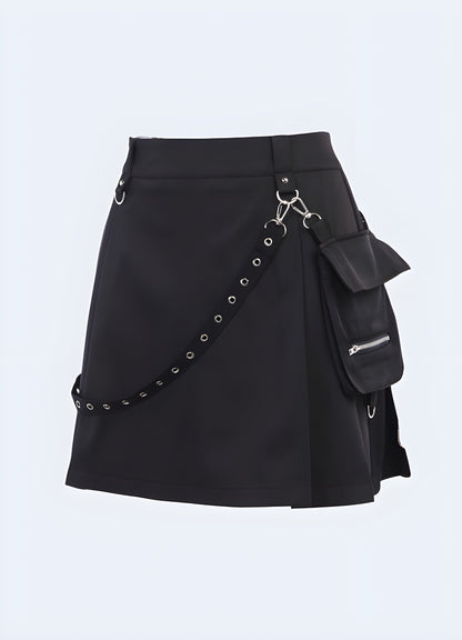 Front view of a techwear skirt, emphasizing its sleek aesthetics and high-tech construction for a futuristic and stylish appearance in the Canada techwear community.