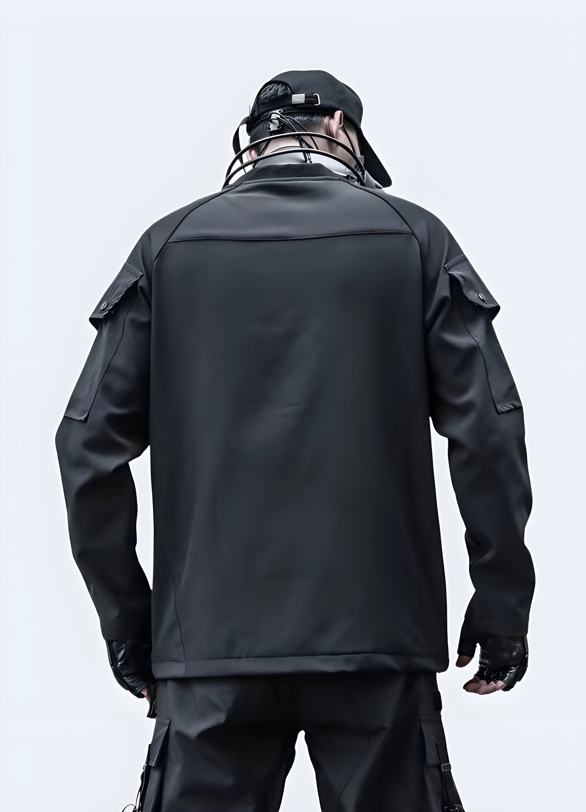 Back view of the techwear sleeve patchwork sweatshirt in Canada, highlighting its modern aesthetic and intricate patchwork details.