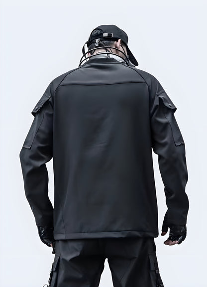 Back view of the techwear sleeve patchwork sweatshirt in Canada, highlighting its modern aesthetic and intricate patchwork details.
