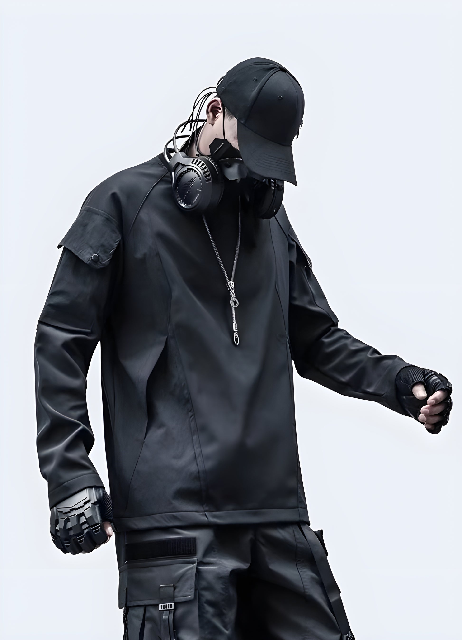 Front side view of the techwear sleeve patchwork sweatshirt in Canada, highlighting its modern aesthetic and intricate patchwork details.