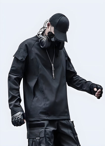 Front side view of the techwear sleeve patchwork sweatshirt in Canada, highlighting its modern aesthetic and intricate patchwork details.