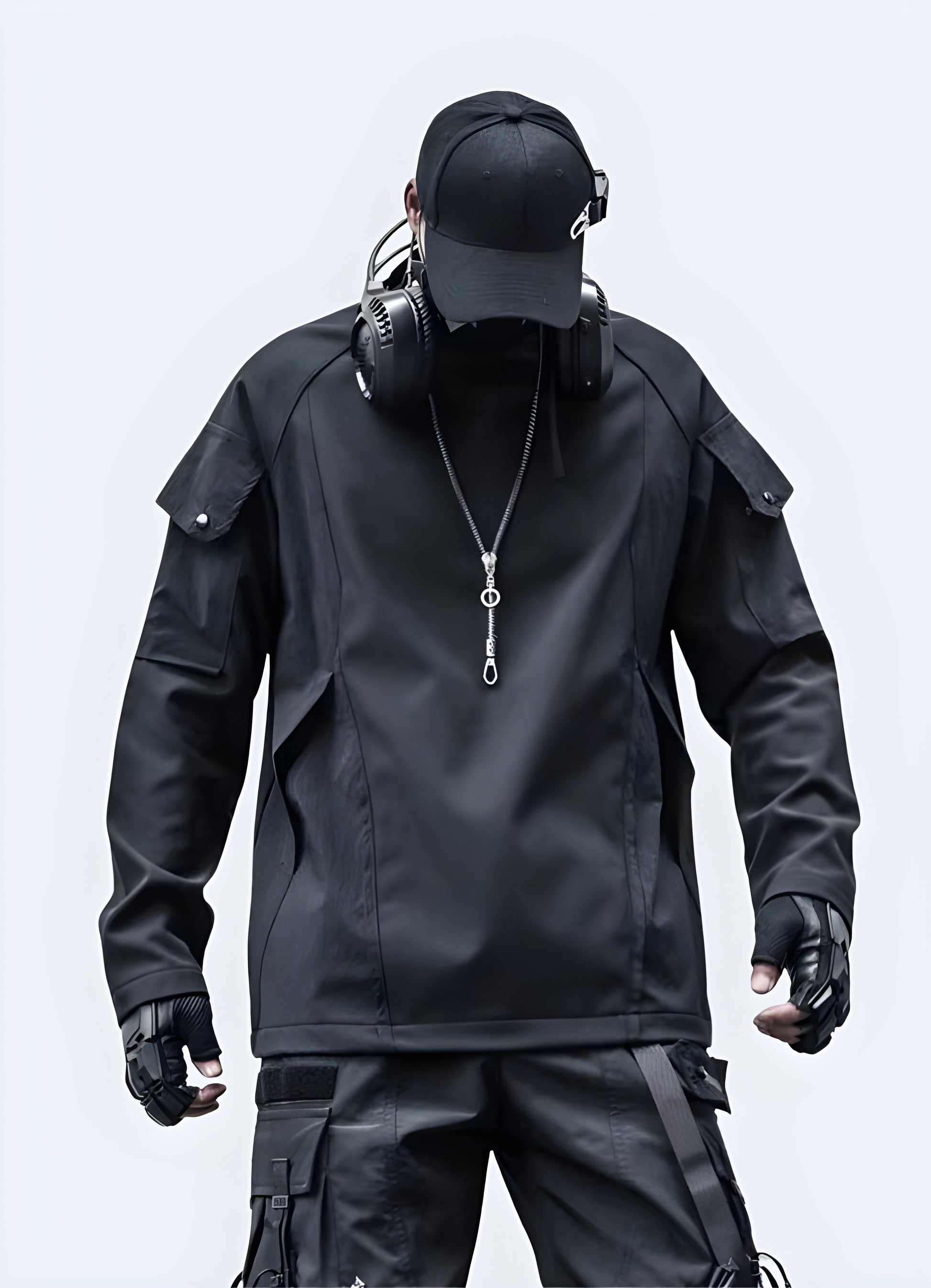 Techwear sleeve patchwork sweatshirt available in Canada, featuring a unique and stylish design perfect for urban fashion enthusiasts.