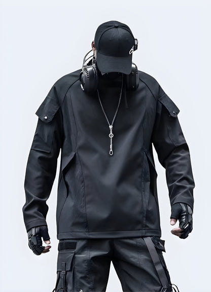 Techwear sleeve patchwork sweatshirt available in Canada, featuring a unique and stylish design perfect for urban fashion enthusiasts.