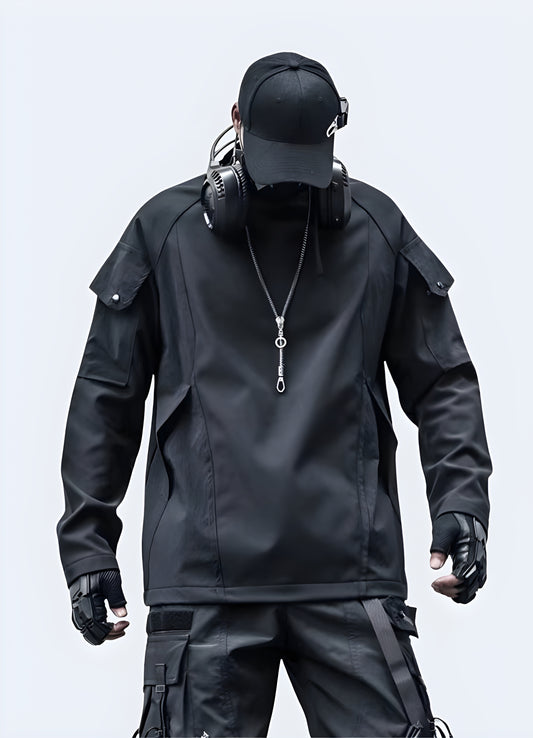 Techwear sleeve patchwork sweatshirt available in Canada, featuring a unique and stylish design perfect for urban fashion enthusiasts.