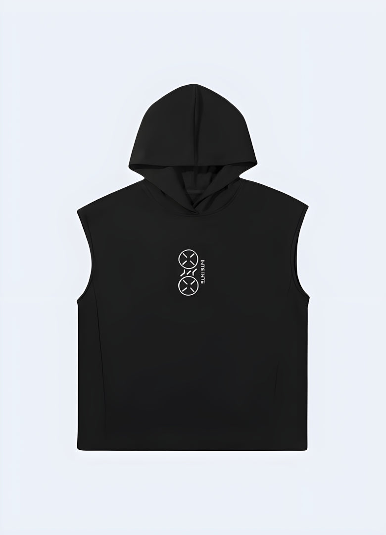Black techwear sleeveless hoodie in front view, highlighting its sleek and modern aesthetic available in Canada.