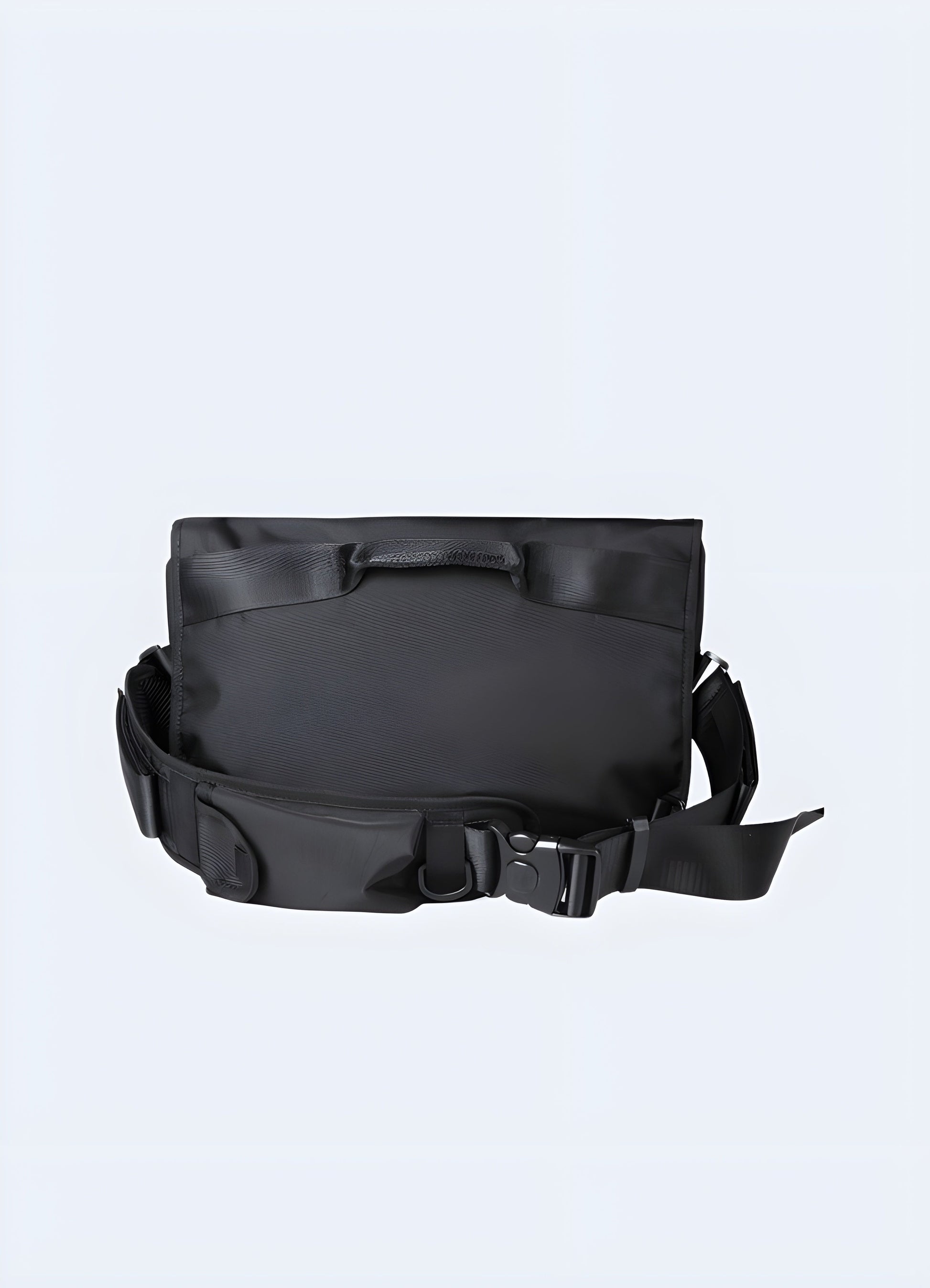 Back view of a techwear sling bag highlighting ergonomic design and multiple compartments for convenient storage Canada.