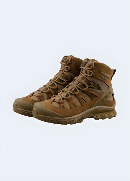 Front and side view of white techwear snow boots, highlighting the sleek silhouette, technical features, and stylish white color option for a fashionable winter look Canada.