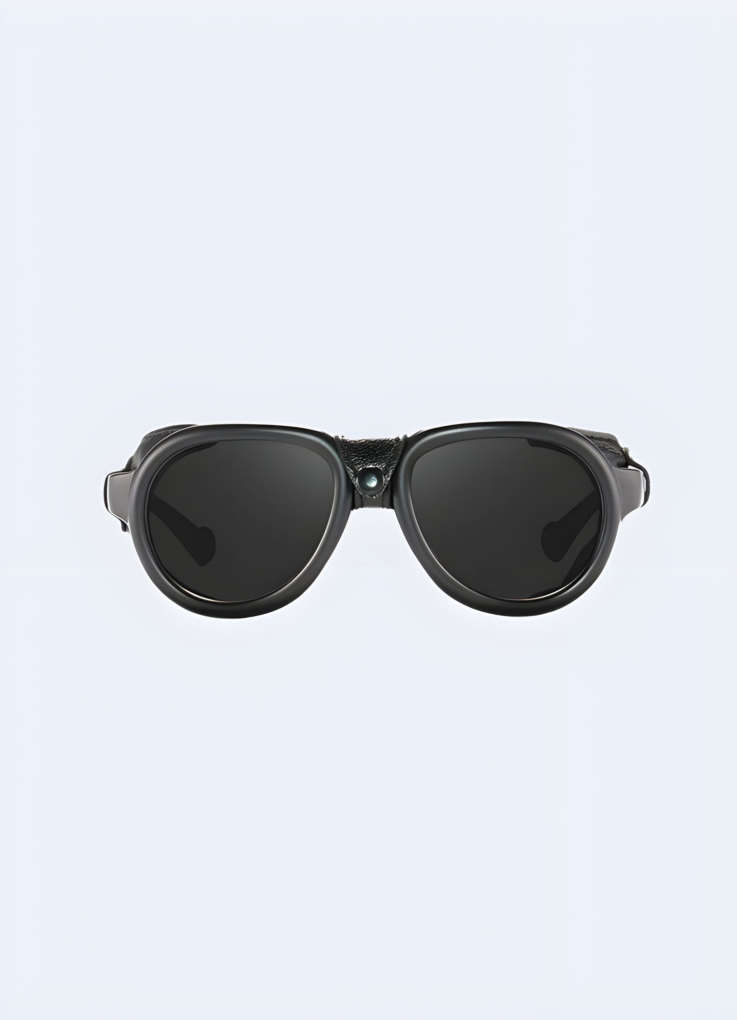 Front view of black techwear sunglasses, showcasing their minimalist design and modern aesthetic, available in the Canada.