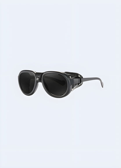 Front side view of techwear sunglasses, highlighting their sleek design and futuristic style, available in the Canada.