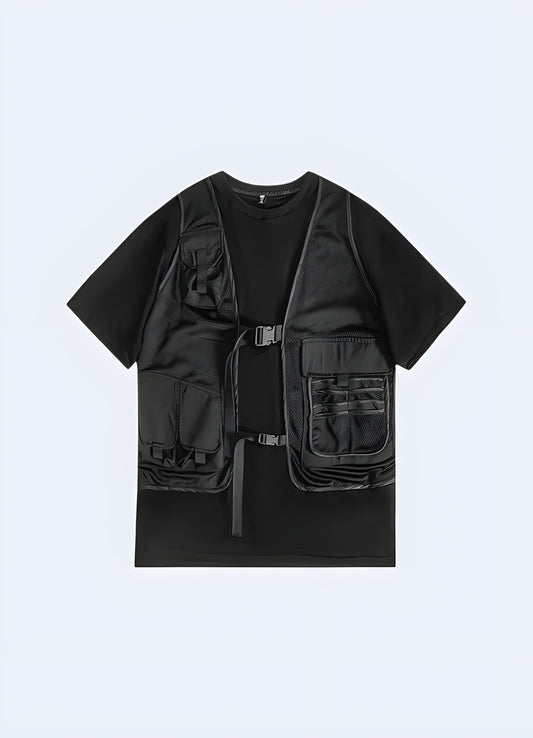 Techwear t-shirt with integrated vest, stylish and functional, available in Canada.