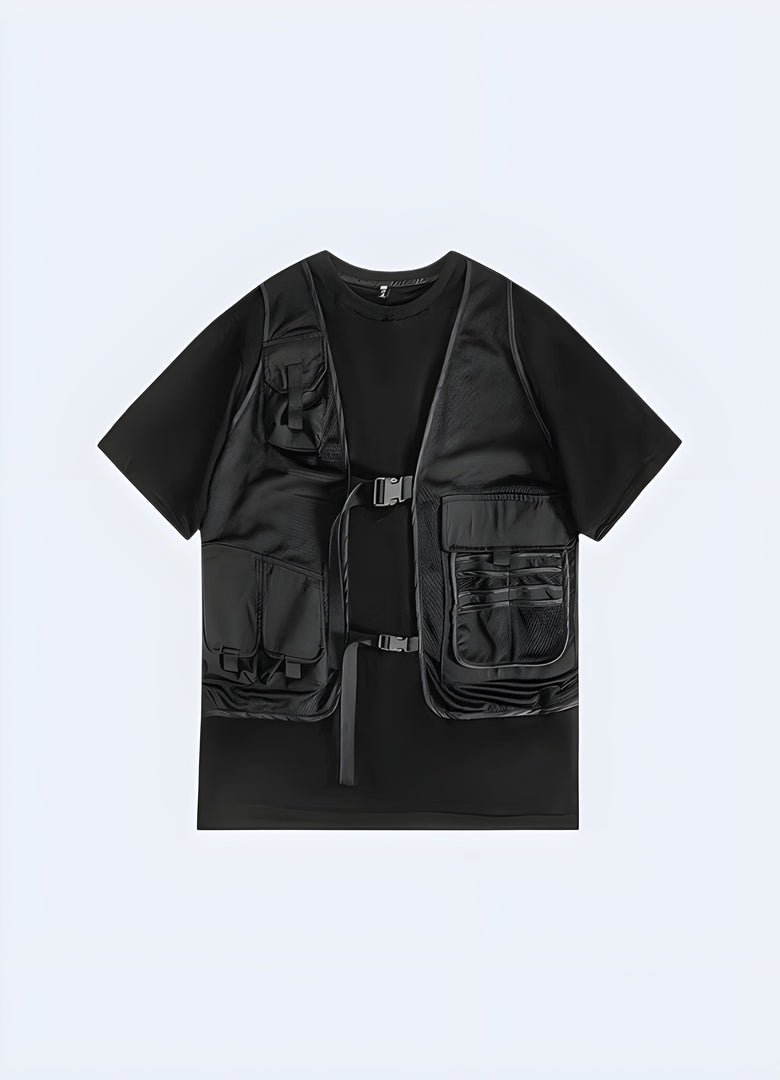 Techwear t-shirt with integrated vest, stylish and functional, available in Canada.