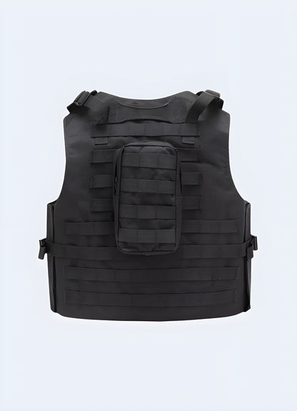 Back view of a techwear tactical vest, showcasing its sleek design and practical features, perfect for the Canada's urban landscapes.