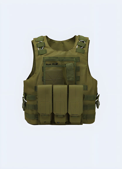 Front view of a techwear tactical vest, highlighting its modern aesthetics and versatile storage options, ideal for Canada streetwear enthusiasts.