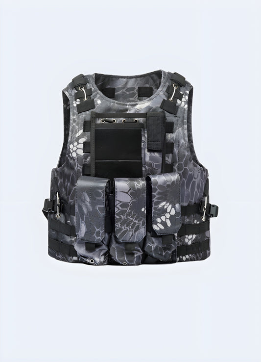 Close-up front view of a techwear tactical vest, emphasizing its cutting-edge design and functional elements, a must-have for Canada techwear aficionados.