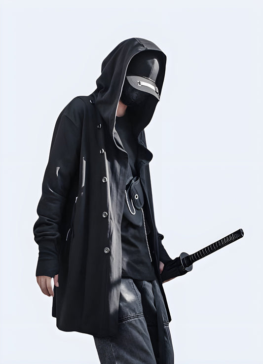 Cutting-edge techwear trench coat, designed for unparalleled functionality and style in Canadian urban environments.