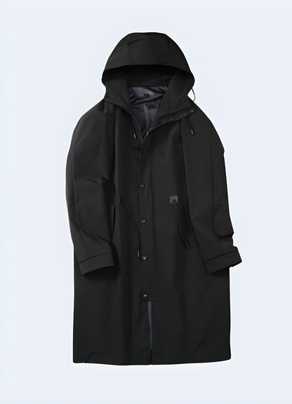 Cutting-edge techwear trench coat, designed for unparalleled functionality and style in Canadian urban environments.