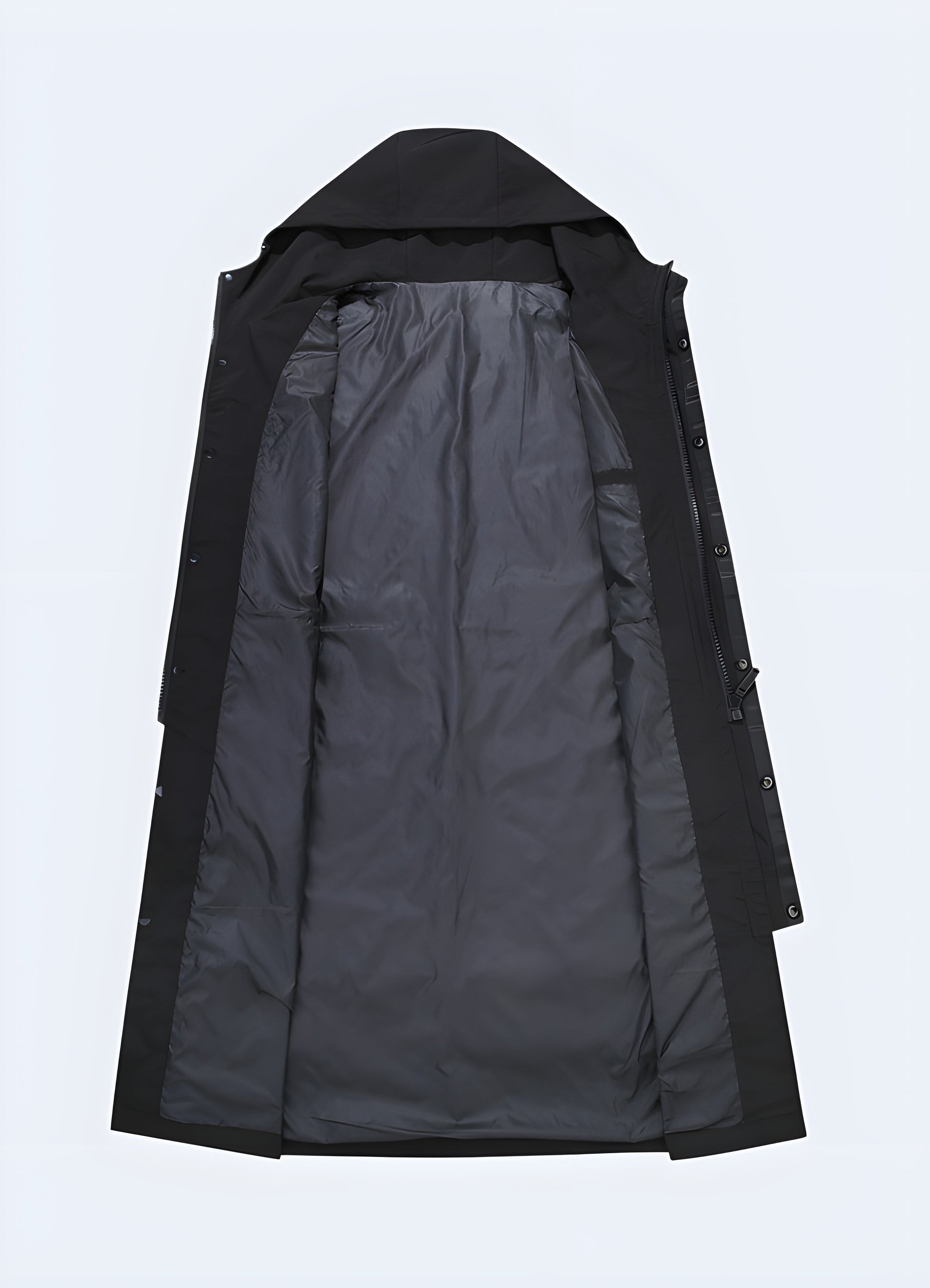 Sleek techwear trench coat, front view, featuring a modern and practical design for navigating Canada's city landscapes.