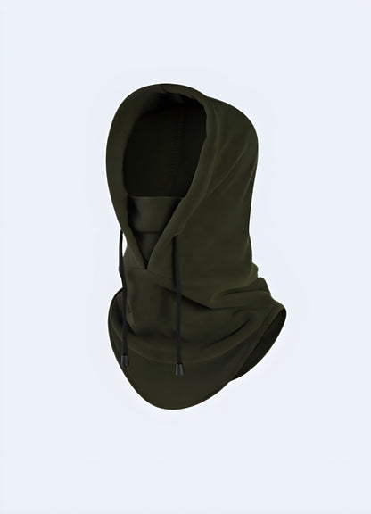 A  techwear warm fleece hood in army green, offering a rugged and stylish option for techwear enthusiasts in the Canada.