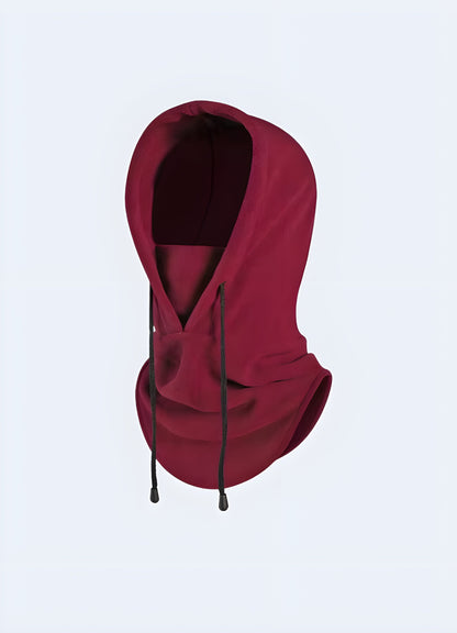 Claret  techwear warm fleece hood, combining a bold color with practical design for techwear enthusiasts in the UK.