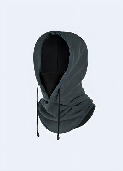 A  techwear warm fleece hood in grey and black, combining modern design with practical warmth for techwear enthusiasts in the UK.