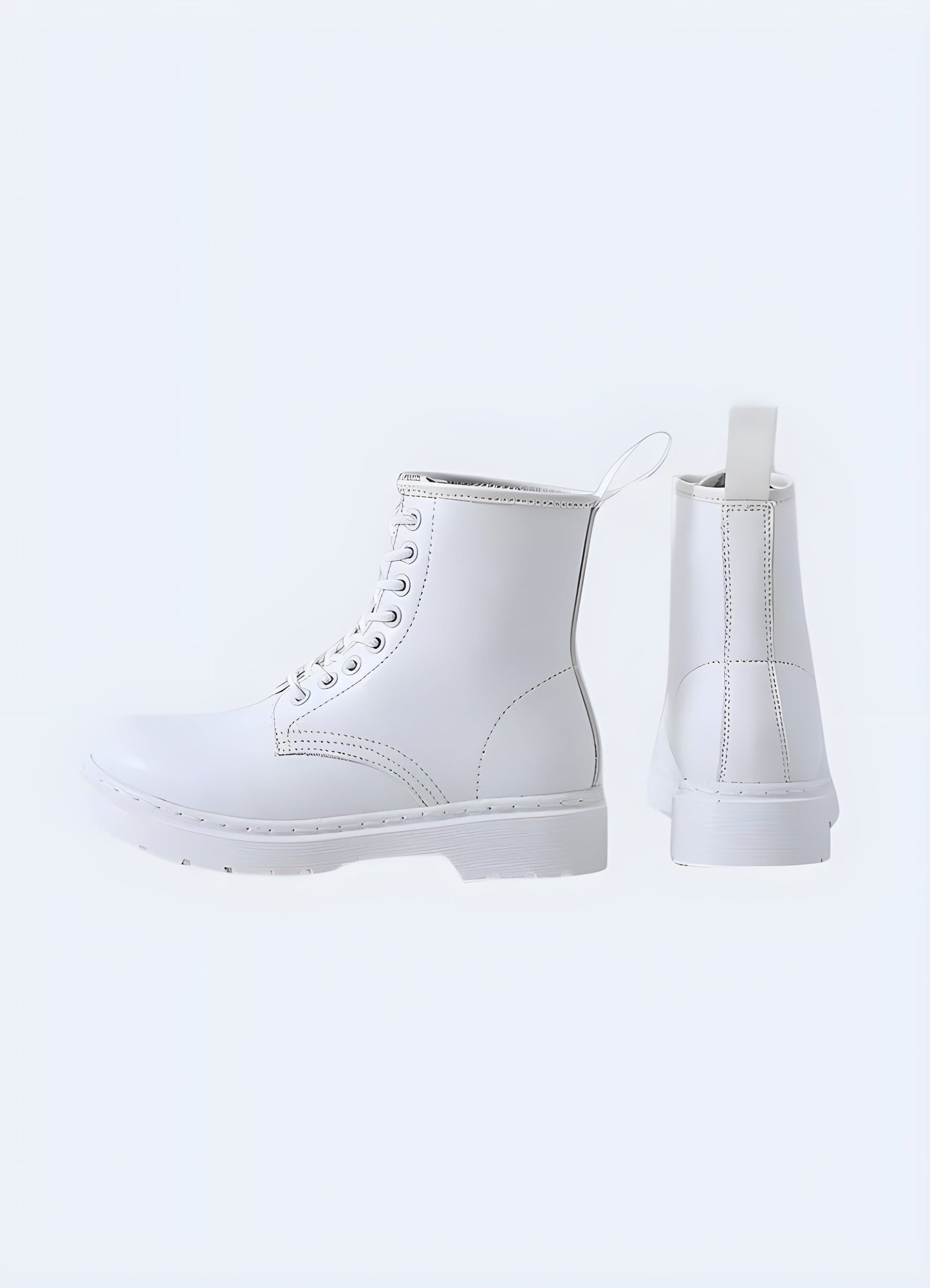 Back and side view of techwear white leather boots, showcasing the sturdy construction, chunky sole, and military-inspired design for a bold fashion statement.