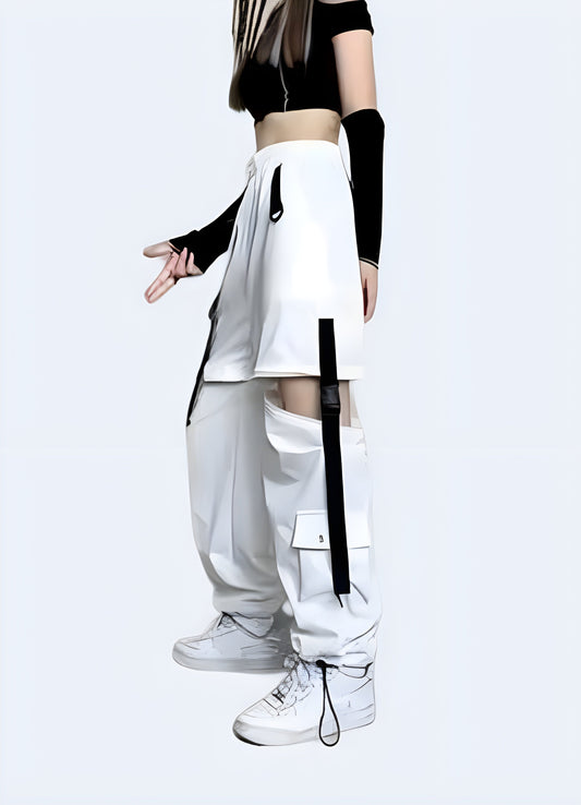 Innovative and stylish techwear white pants for women, designed for comfort and performance, perfect for Canada fashion enthusiasts.