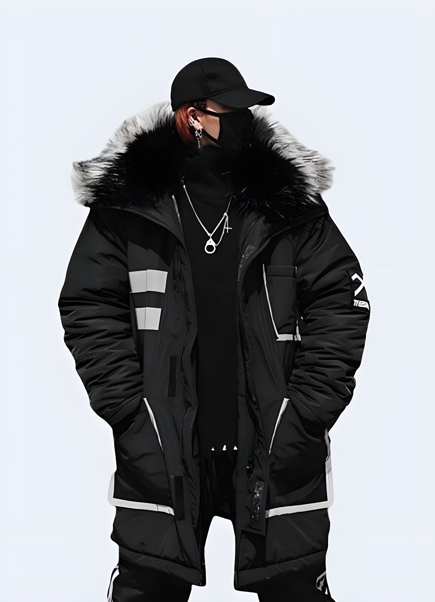 Innovative techwear winter parka with fur trim, designed for optimal warmth and style in Canada's harsh winters.