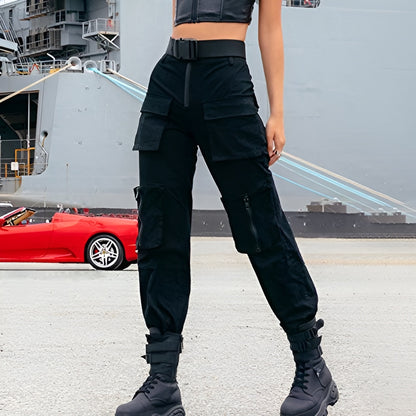 Women modeling black techwear stretch tactical pants, featuring a sleek design and comfortable fit for urban exploration and everyday wear in the Canada.