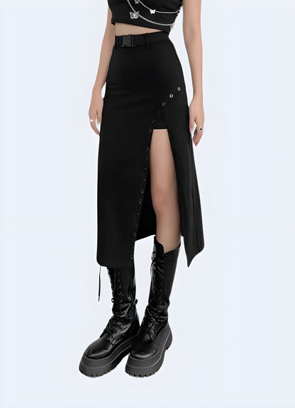 Front view of a woman wearing a techwear long skirt, showcasing its innovative design and advanced materials for a modern and edgy look in the Canada urban landscape.