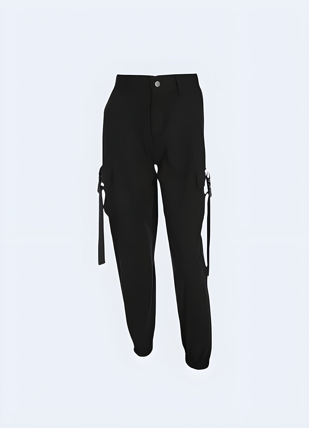 Close view of the cargo pocket detail on black women's cargo pants