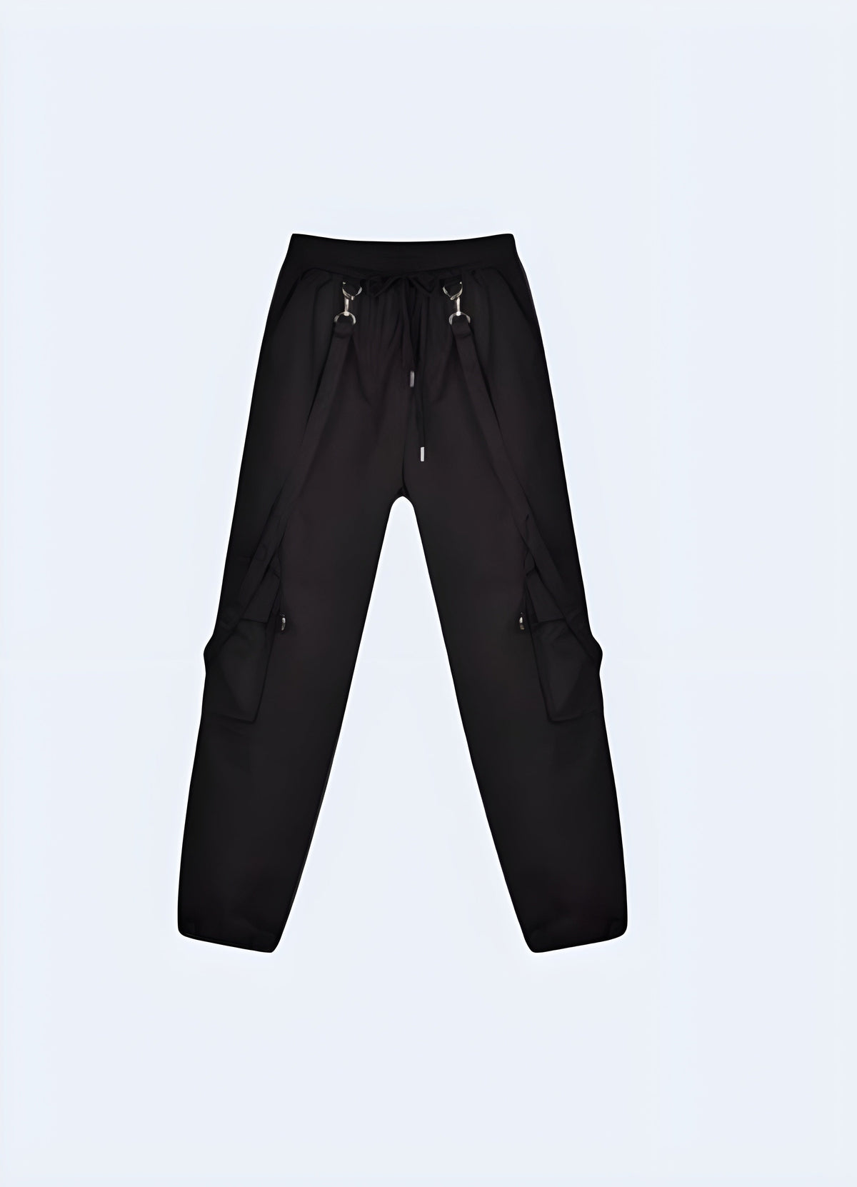 Side view of women's cargo pants showing thigh cargo pocket styling and strap detailing