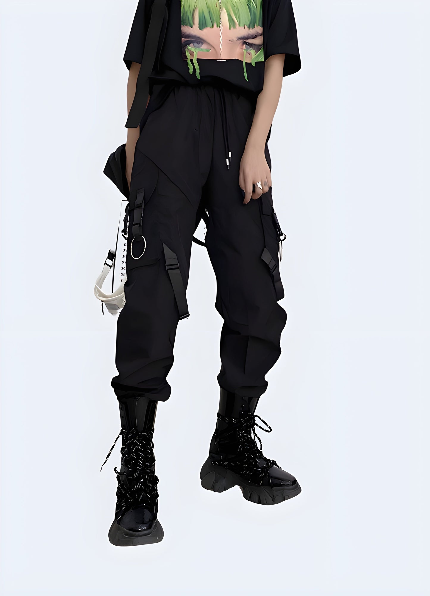 Performance and style, designed for the female form.Right side view of a woman wearing techwear women's utility pants, highlighting the practical features and sleek silhouette appealing to Canada fashion enthusiasts.