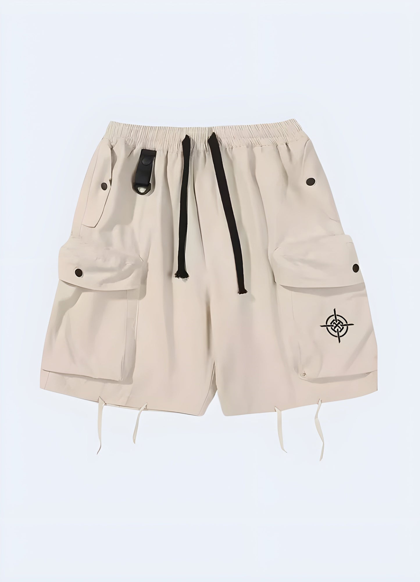 Front view of stylish tie up techwear cargo shorts, featuring a modern design and versatile color, perfect for the canada fashion-conscious outdoorsman.