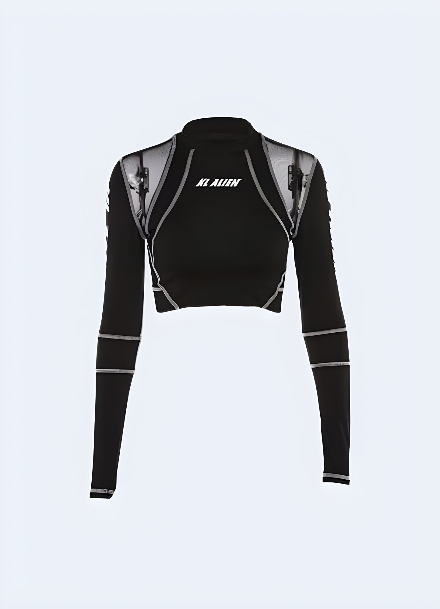 Front view of a stylish and functional tight techwear crop top, designed for a modern and urban look, available in Canada.