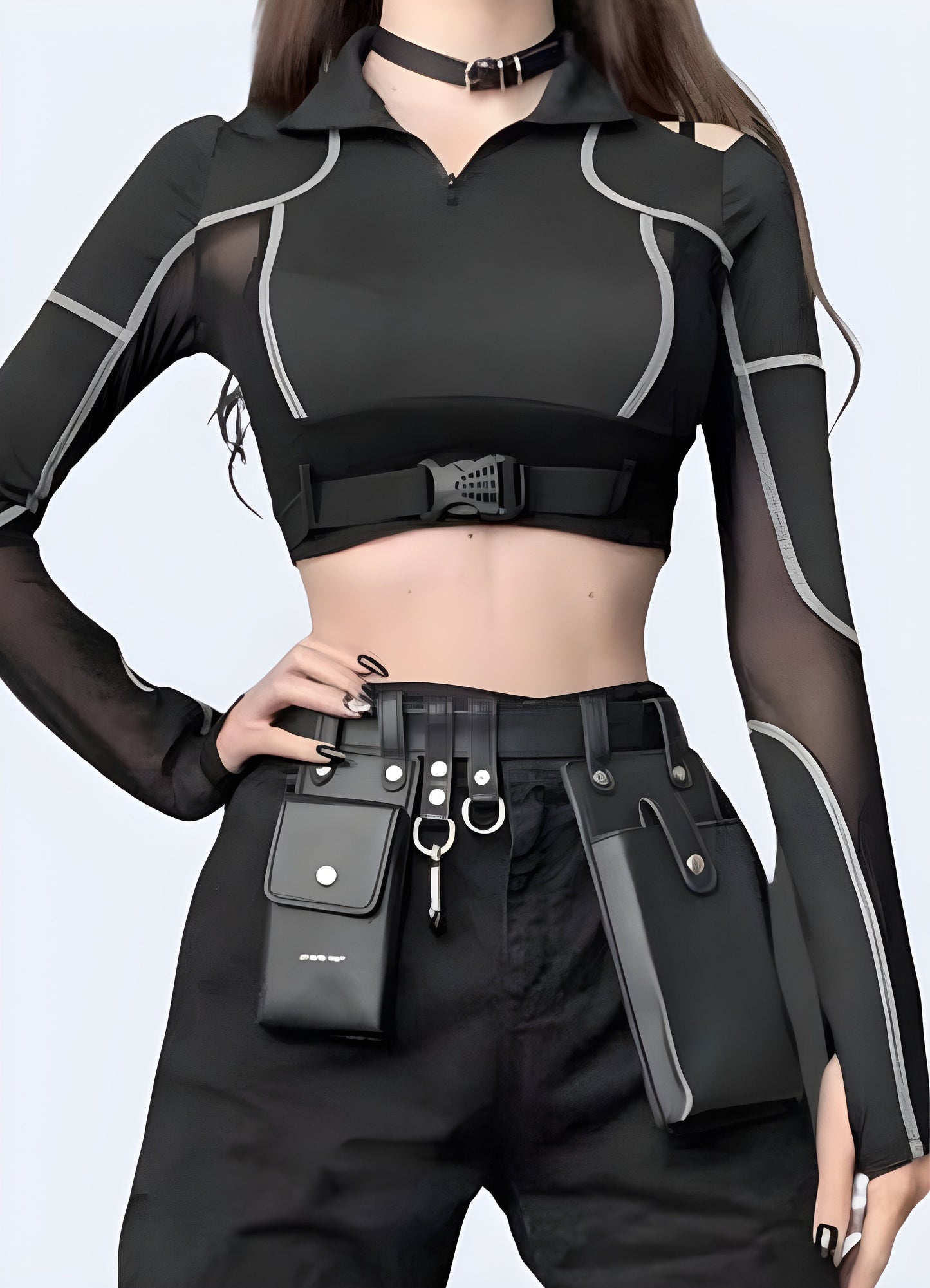 Front side view showcasing the sleek design and high-quality material of a tight techwear crop top, perfect for contemporary fashion enthusiasts in Canada.