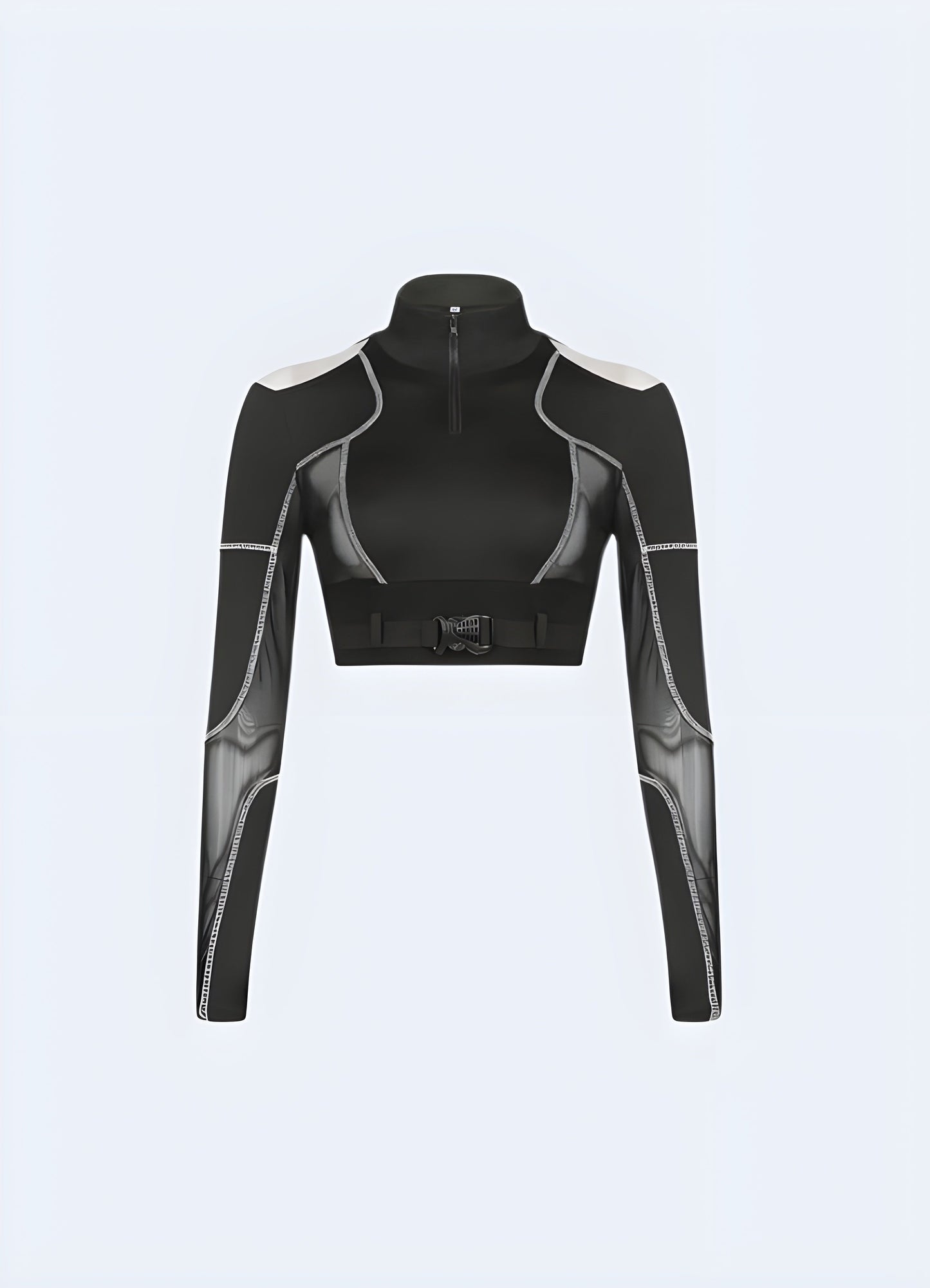 Front view of a stylish and functional tight techwear crop top, designed for a modern and urban look, available in Canada.