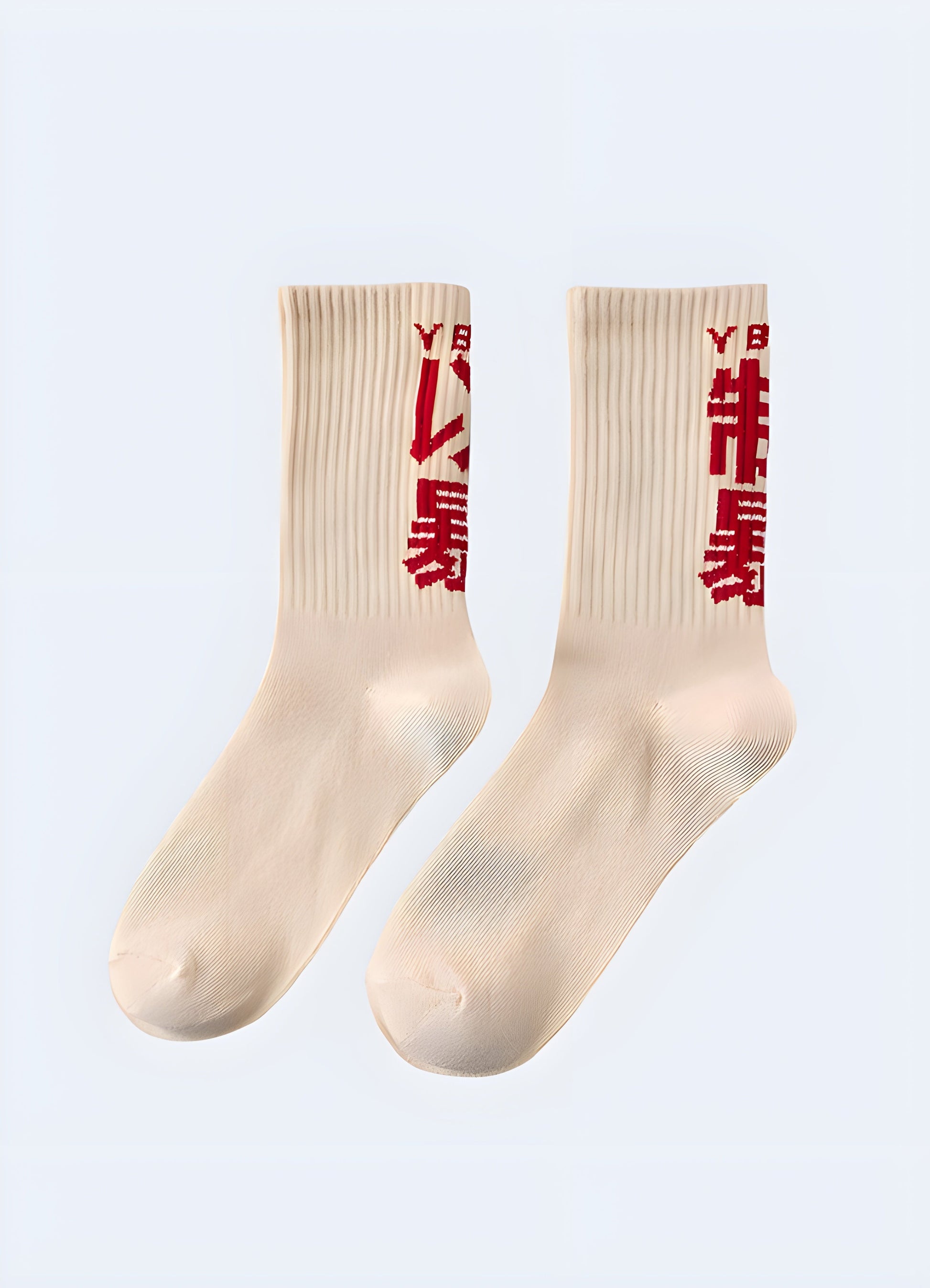 Beige Tokyo street socks showcased from the side view, highlighting the intricate patterns and high-quality materials that appeal to Canada fashion enthusiasts.