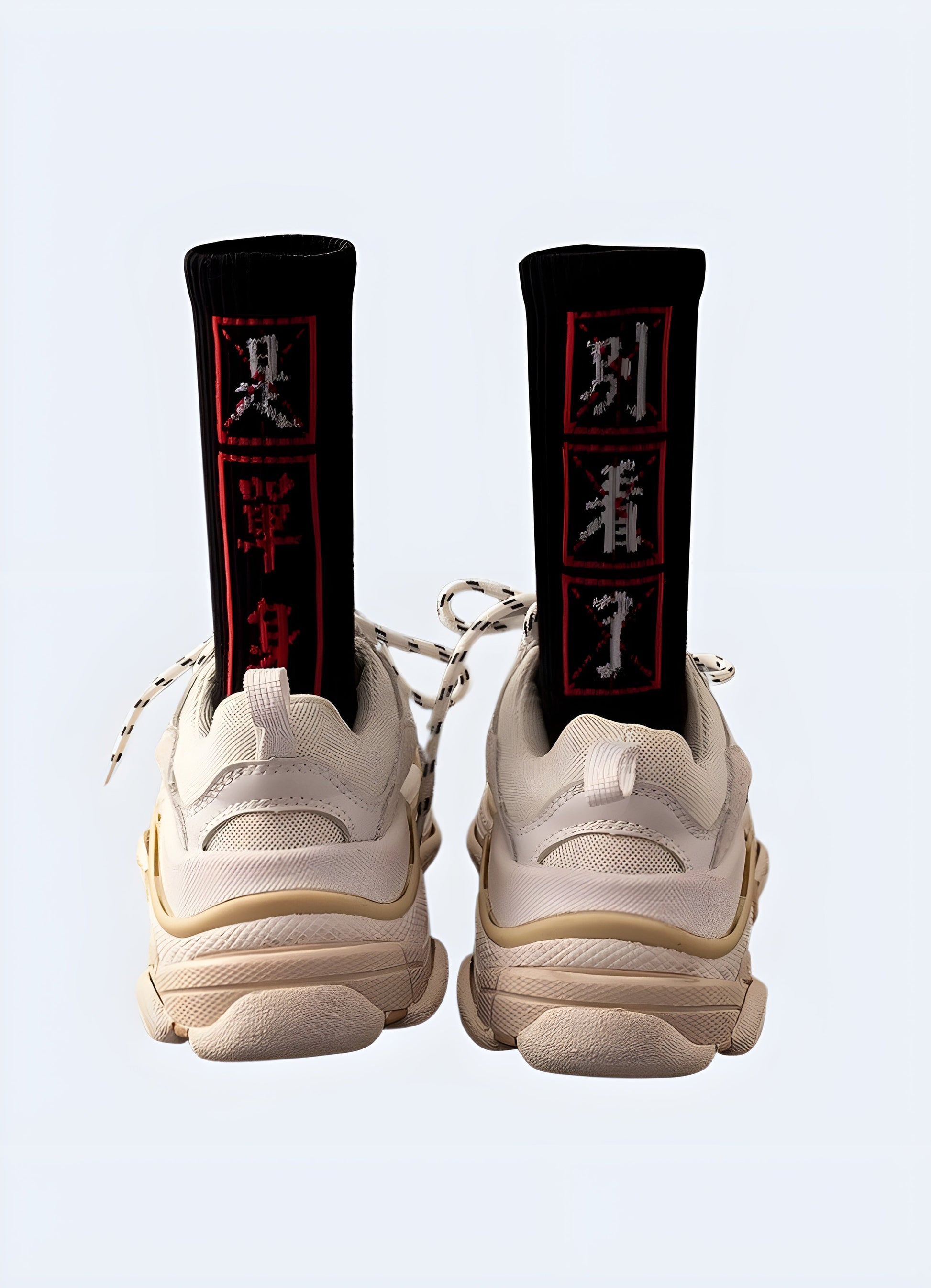 Black Tokyo street socks modeled on feet, highlighting the trendy design and comfortable fit that caters to the style preferences of Canada fashion-forward individuals.