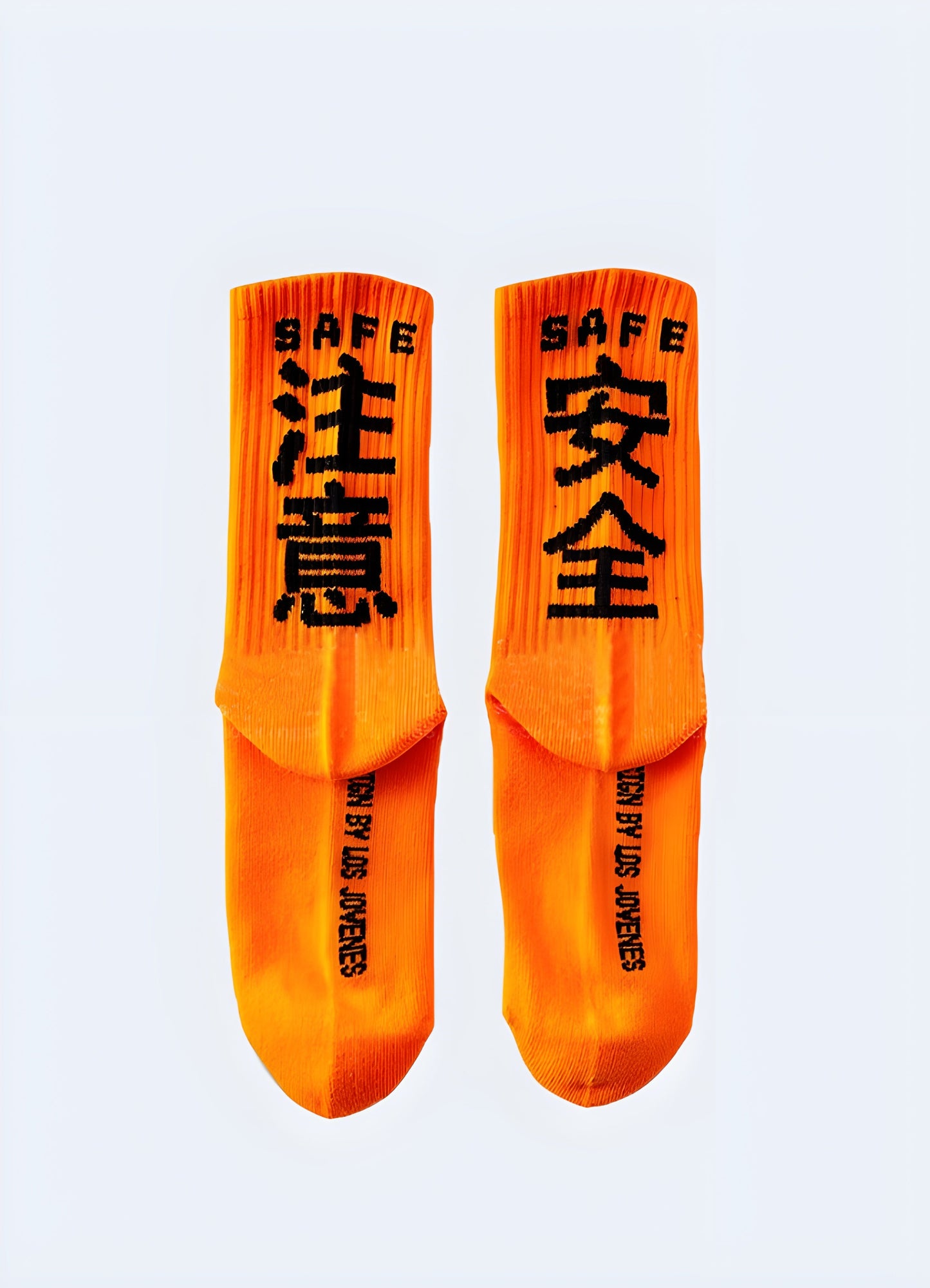 Back and side view of orange Tokyo street socks, displaying the bold color and eye-catching design that captures the essence of Tokyo's vibrant street culture for Canada consumers.