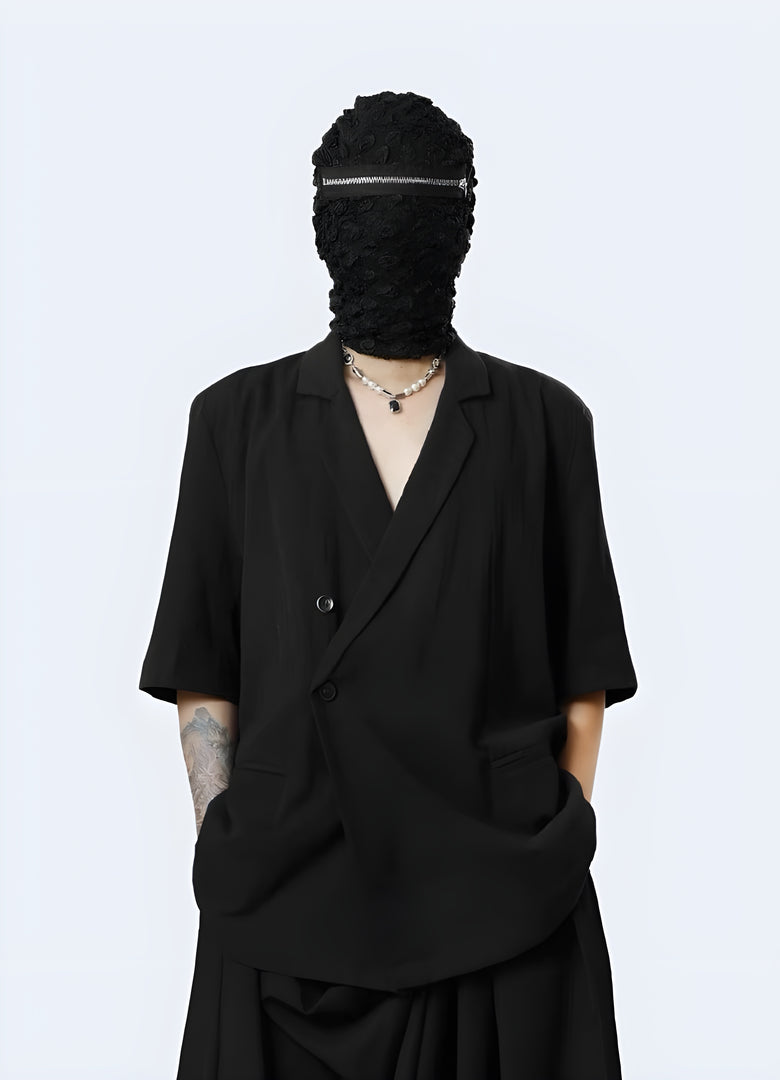 Minimalist and modern take on a traditional Japanese haori jacket, front view, designed with a techwear aesthetic, featuring clean lines, functional details, and high-tech fabrics for a sleek, contemporary look that seamlessly blends tradition and innovation in the Canada.