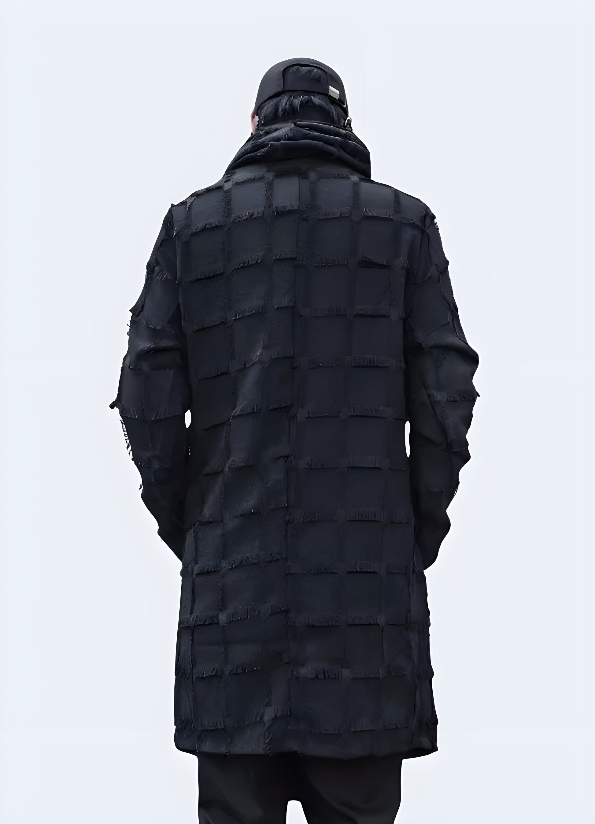 Back view of a trench coat with an attached turtleneck, highlighting the coat's flattering silhouette and practical design for Canada weather.