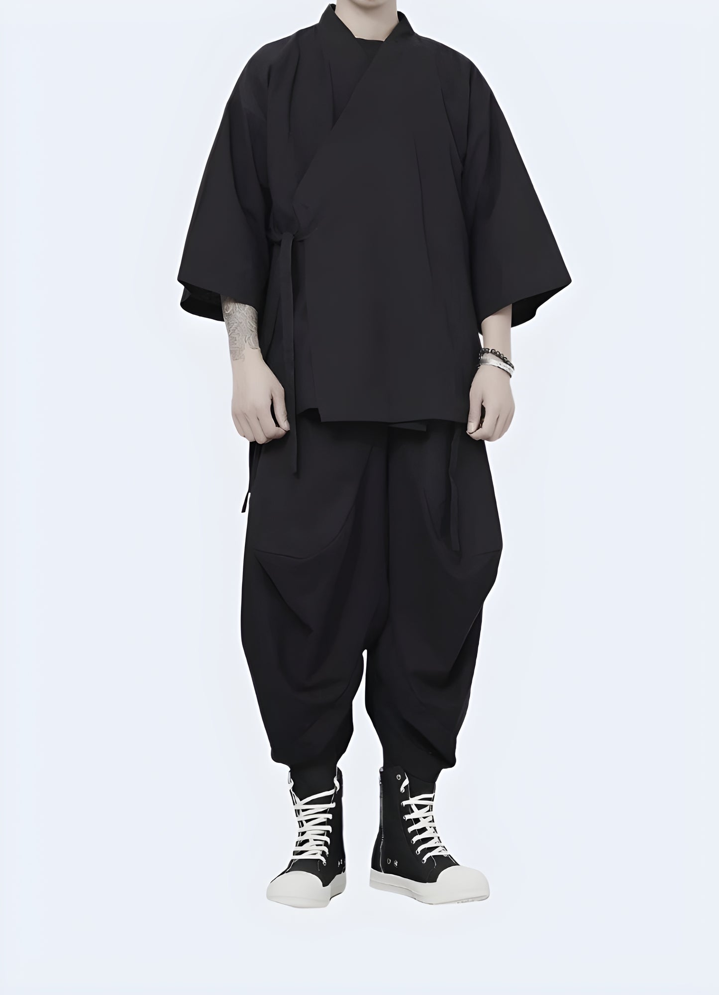 Stylish man confidently wearing a modern urban kimono on city streets, showcasing the garment's versatility and fashion-forward design Canada.