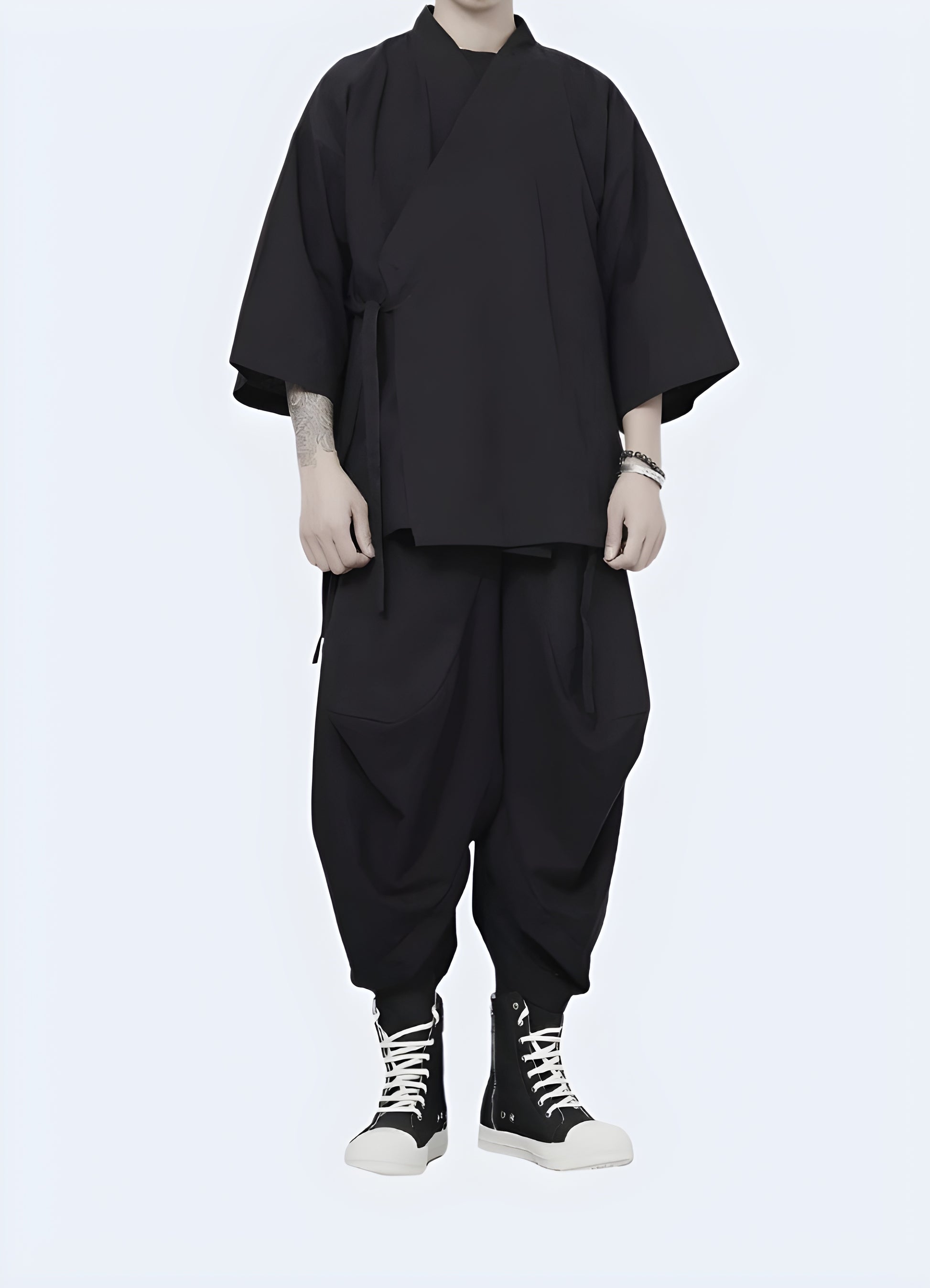 Stylish man confidently wearing a modern urban kimono on city streets, showcasing the garment's versatility and fashion-forward design Canada.